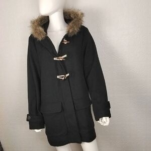 Old Navy -Wool Navy Blue Pea Coat with Faux Fur Hood